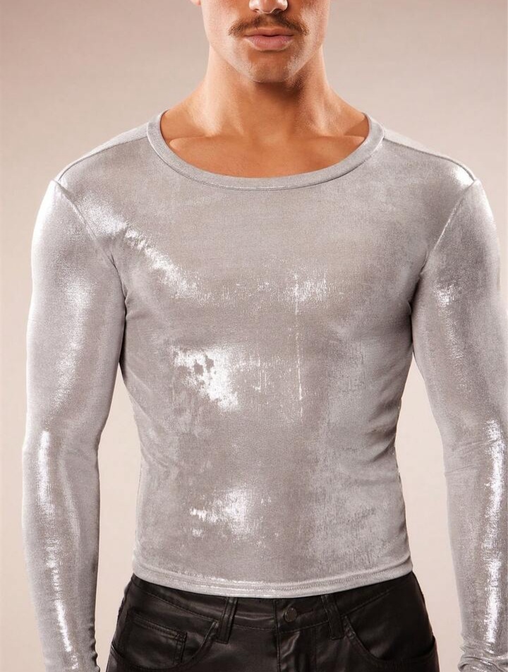 Men's Shiny Silver Crew Neck Long Sleeve T-shirt